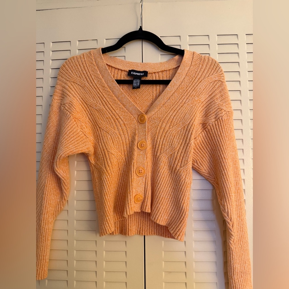 Express Peach Cropped Ribbed Knit Cardigan | Cinched Waist | Button Front